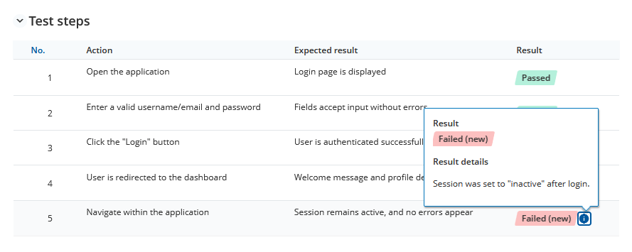 Result Details for a Test Step